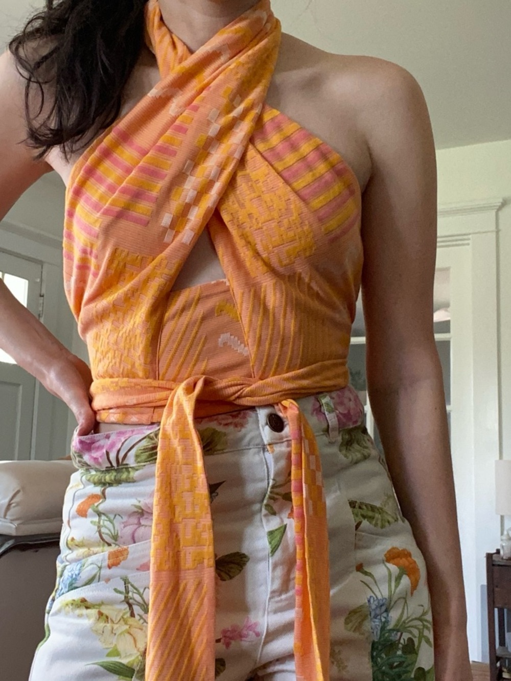 NWT New Anthropologie Eva Franco citrus orange wrap crossover halter top M